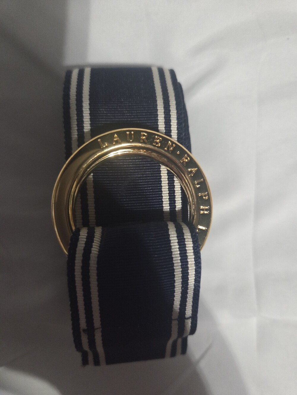 Lauren Ralph striped navy belt with gold ring